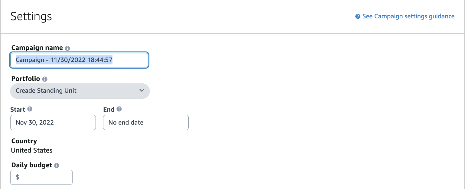 Amazon campaign creation interface